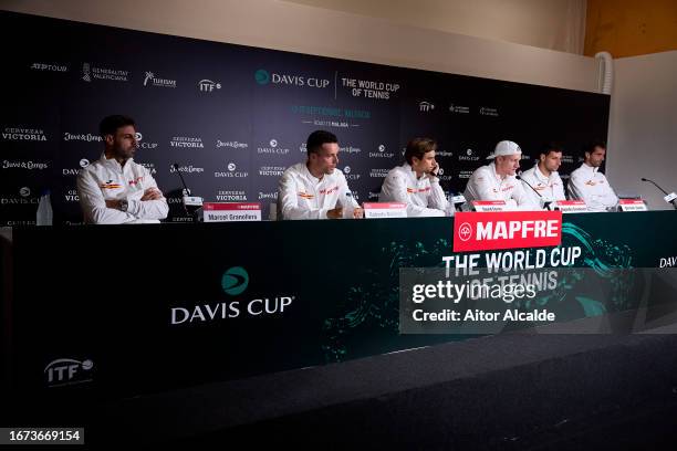 Marcel Granollers, Roberto Bautista, David Ferrer, Alejandro Davidovich Fokina, Bernabe Zapata Miralles and Albert Ramos of Spain attend the press...