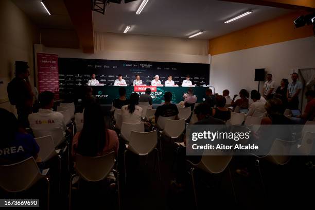 Marcel Granollers, Roberto Bautista, David Ferrer, Alejandro Davidovich Fokina, Bernabe Zapata Miralles and Albert Ramos of Spain attend the press...