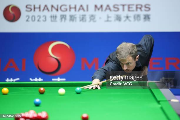 Jack Lisowski of England plays a shot in the first round match against Zhou Yuelong of China on day 1 of World Snooker Shanghai Masters 2023 at...