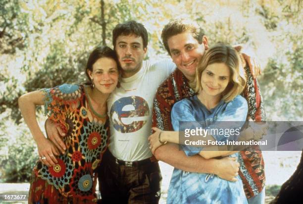 Promotional portrait of American actors Lili Taylor, Robert Downey, Jr., Christopher Penn and Jennifer Jason Leigh on the set of the film, 'Short...