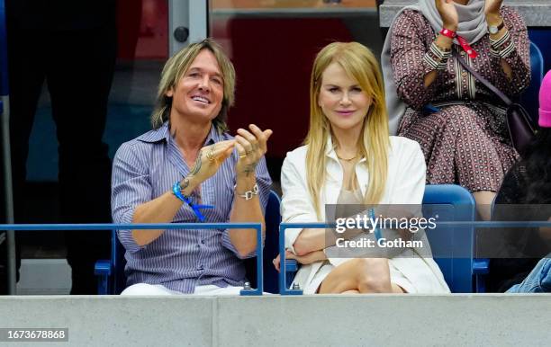 Keith Urban and Nicole Kidman are seen at the Men's final match between Novak Djokovic and Danill Medvedev at the 2023 US Open Tennis Championships...