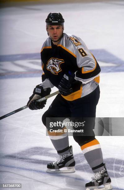 Stu Grimson of the Nashville Predators skates on the ice during an NHL game against the Edmonton Oilers on October 22, 2001 at the Rexall Place in...