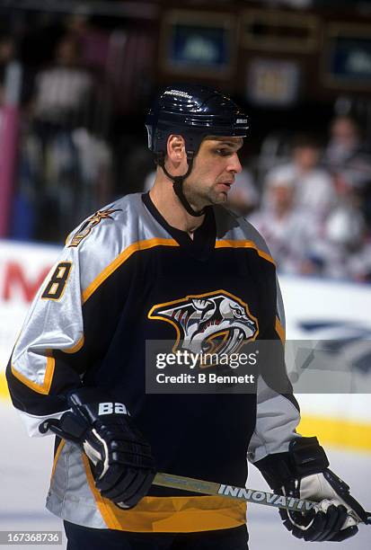 Stu Grimson of the Nashville Predators skates on the ice during an NHL game against the New York Rangers on December 12, 2001 at the Madison Square...