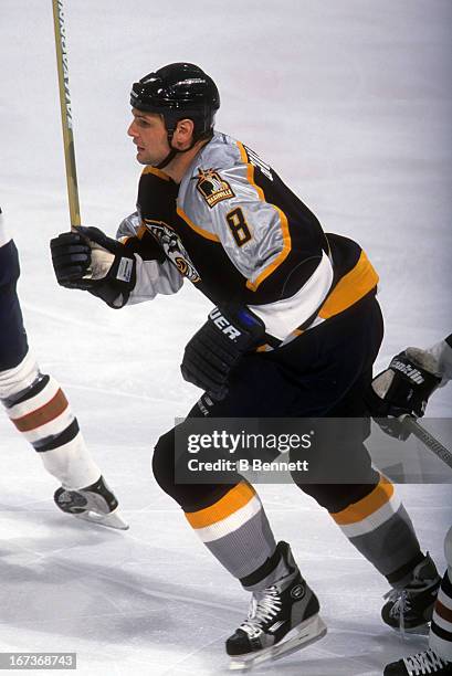Stu Grimson of the Nashville Predators skates on the ice during an NHL game against the Edmonton Oilers on October 22, 2001 at the Rexall Place in...