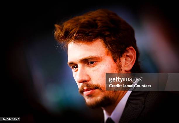 Producer/actor James Franco speaks to the media during "The Director" World Premiere during the 2013 Tribeca Film Festival on April 21, 2013 in New...
