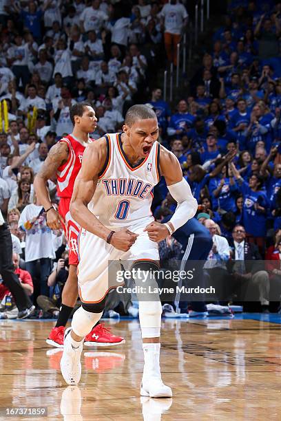 Russell Westbrook of the Oklahoma City Thunder celebrates while playing against the Houston Rockets in Game Two of the Western Conference...