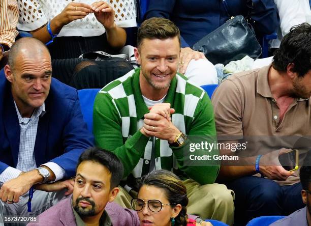 Justin Timberlake is seen at the Men's final match between Novak Djokovic and Danill Medvedev at the 2023 US Open Tennis Championships on September...