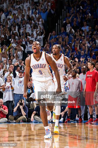 Serge Ibaka of the Oklahoma City Thunder celebrates after making a shot late in the fourth quarter against the Houston Rockets in Game Two of the...