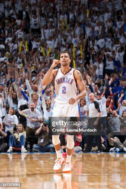 Thabo Sefolosha of the Oklahoma City Thunder celebrates after making a three-pointer late in the fourth quarter against the Houston Rockets in Game...