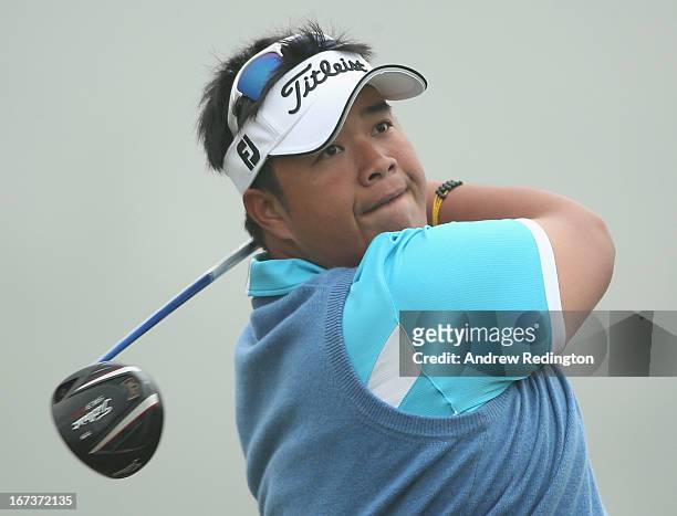 Kiradech Aphibarnrat of Thailand in action during the first round of the Ballantine's Championship at Blackstone Golf Club on April 25, 2013 in...