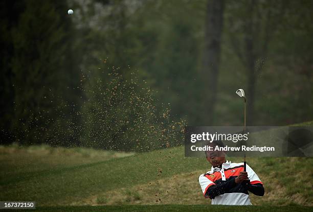 Thaworn Wiratchant of Thailand in action during the first round of the Ballantine's Championship at Blackstone Golf Club on April 25, 2013 in Icheon,...