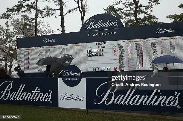 General view of the main scoreboard as poor visibility and rain cause a weather delay during the first round of the Ballantine's Championship at...