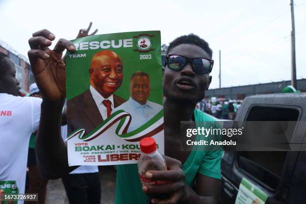 Supporters of Former vice president of Liberia and leader of Unity Party Joseph Boakai gather during his campaign ahead of elections to be held on...