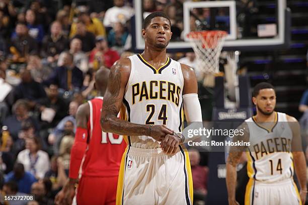 Paul George of the Indiana Pacers looks on during the Game Two of the Eastern Conference Quarterfinals between the Indiana Pacers and the Atlanta...