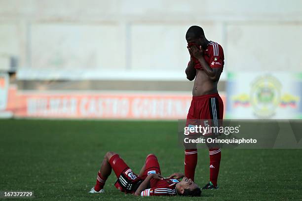 Alexis Hinestroza and Angelo Pena of Caracas FC during a match between Llaneros de Guanare and Caracas FC as part of the Clausura Tournament 2013 at...