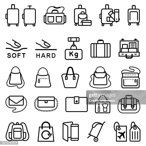ilustraciones, imágenes clip art, dibujos animados e iconos de stock de iconos de equipaje, maletas y estuches - equipaje de mano