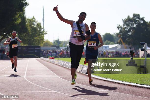 Tariq Alnagrash of Team Jordan competes in the Men's IT3 200m Final during day two of the Invictus Games Düsseldorf 2023 on September 11, 2023 in...