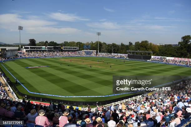 General view of playduring the 1st Metro Bank One Day International between England and New Zealand at Sophia Gardens on September 08, 2023 in...