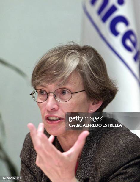 The Executive Director of UNICEF, Carol Bellamy, speaks during an interview with AFP, 10 December 2002 in Mexico City. Bellamy and Mexican President...