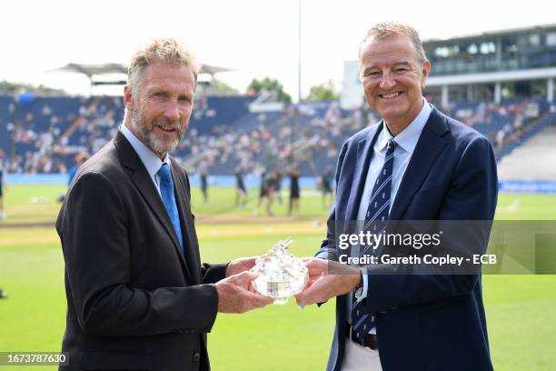 Match referee Chris Board is presented on his 350th match by ECB chair Richard Thompson ahead the 1st Metro Bank One Day International between...