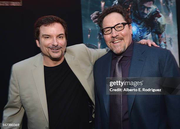 Writer/director Shane Black and actor/producer Jon Favreau attends Marvel's' Iron Man 3 Premiere at the El Capitan Theatre on April 24, 2013 in...