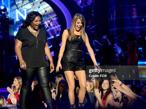 Contestants Candice Glover and Angie Miller perform onstage at FOX's "American Idol" Season 12 Top 4 Live Performance Show on April 24, 2013 in...