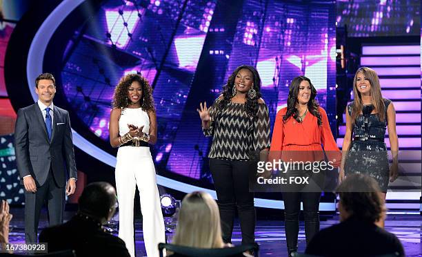 Host Ryan Seacrest and contestants Amber Holcomb, Candice Glover, Kree Harrison and Angie Miller onstage at FOX's "American Idol" Season 12 Top 4...