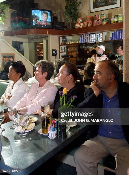 Art Azevado, Susan Azevado, Mindy Livingston, and Robbin Slocum watch ABC's Connie Chung's interview with U.S. Congressman Gary Condit in Modesto,...