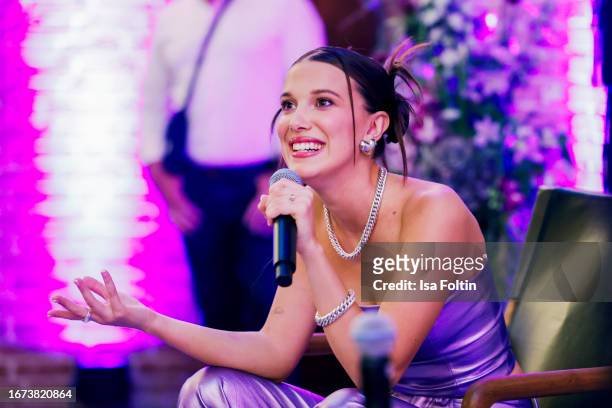 Actress and influencer Millie Bobby Brown during her Meet And Great on September 9, 2023 in Berlin, Germany.
