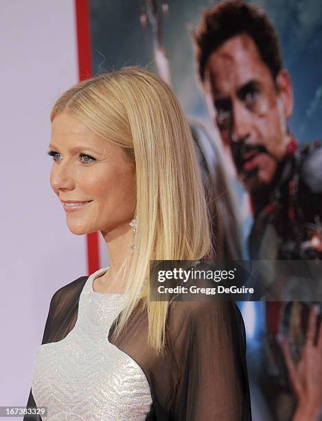 Actress Gwyneth Paltrow arrives at the Los Angeles premiere of "Iron Man 3" at the El Capitan Theatre on April 24, 2013 in Hollywood, California.