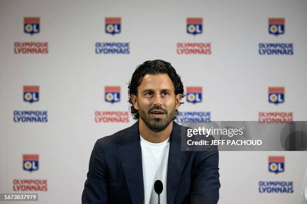 Lyon's Italian new head coach Fabio Grosso addresses media during a press conference in the Decines-Charpieu Groupama Stadium in Decines-Charpieu,...