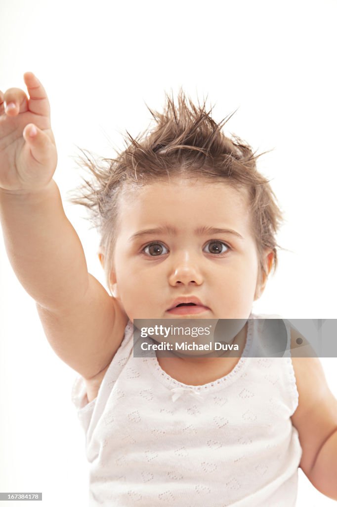 Baby Yes Hand Rise Excited Baby Raising Her Hand And Pointing High-Res Stock Photo - Getty ...