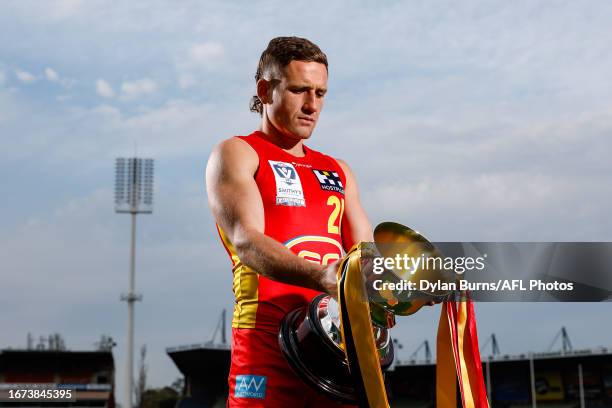 James Tsitas of the Gold Coast Suns poses for a photo during the 2023 VFL Grand Final Media Opportunity at Ikon Park on September 18, 2023 in...