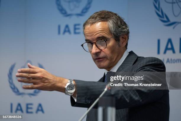 Rafael Grossi, Director General of the International Atomic Energy Agency, speaks to the media following a meeting of the Board of Governors at IAEA...