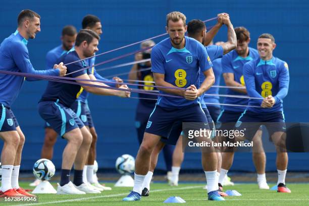 Harry Kane of England warms up during a training session at Rangers Training Centre on September 11, 2023 in Milngavie, Scotland.