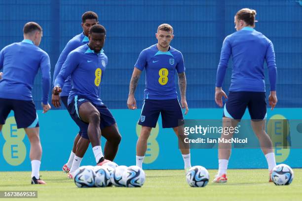 Kieran Trippier of England looks on during a training session at Rangers Training Centre on September 11, 2023 in Milngavie, Scotland.