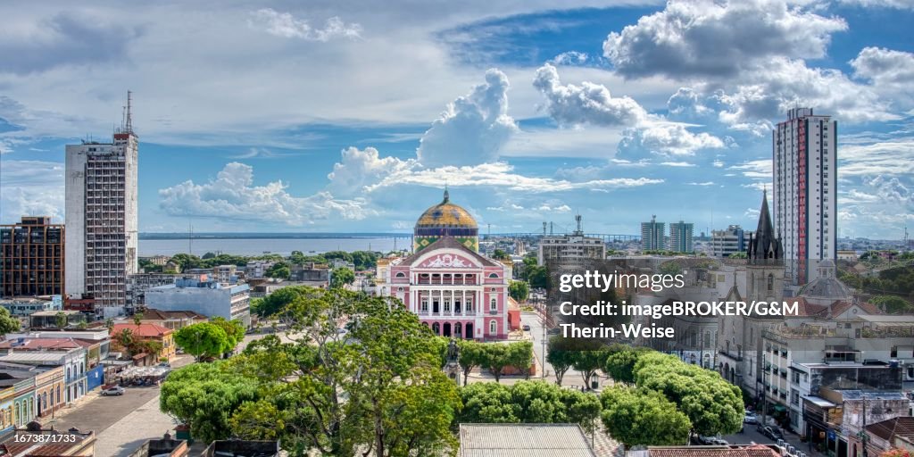View over Manaus and Belle Epoque Amazon Theatre, Manaus, Amazonia State, Brazil