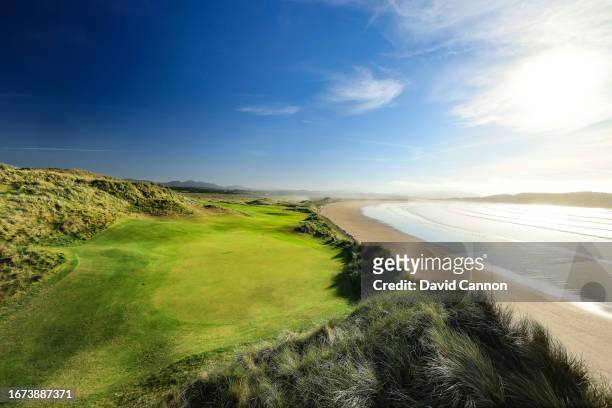 View from, behind the green on the 399 yards par 4, third hole 'Sheephaven Bay' at St Patrick's Links designed by the American golf course architect...