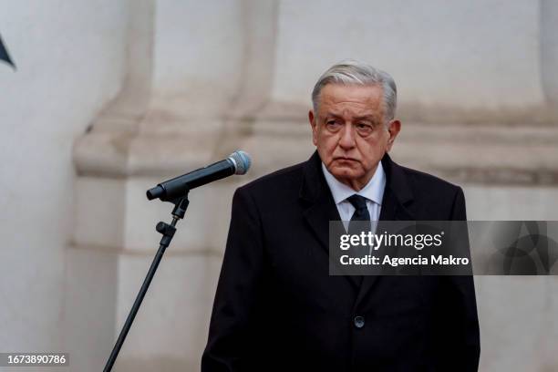 President of Mexico Manuel López Obrador looks on during his arrival at an official event with international dignitaries to commemorate the 50th...
