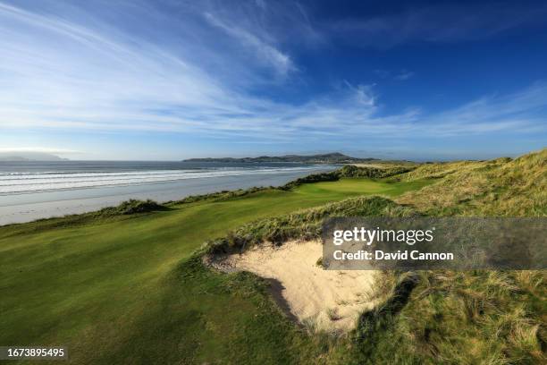 View of the approach to the green on the 399 yards par 4, 14th hole 'Sheephaven Bay' at St Patrick's Links designed by the American golf course...