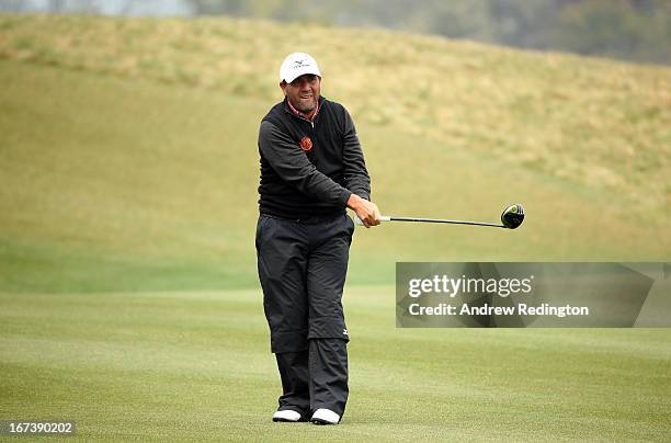 Ricardo Gonzalez of Argentina in action during the first round of the Ballantine's Championship at Blackstone Golf Club on April 25, 2013 in Icheon,...