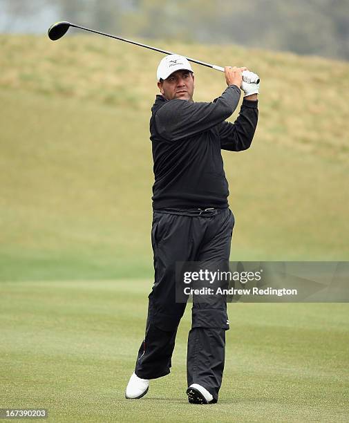 Ricardo Gonzalez of Argentina in action during the first round of the Ballantine's Championship at Blackstone Golf Club on April 25, 2013 in Icheon,...