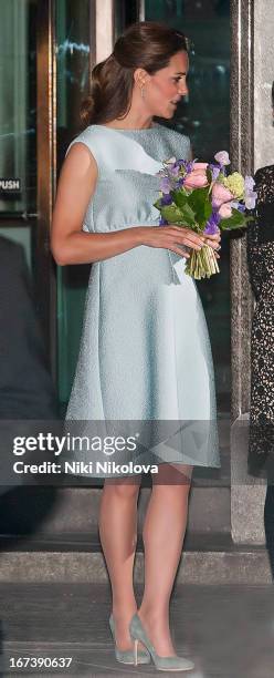 Catherine, Duchess of Cambridge arrives at an evening reception to celebrate the work of The Art Room charity at The National Portrait Gallery on...