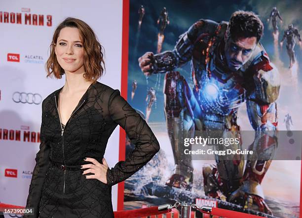 Actress Rebecca Hall arrives at the Los Angeles premiere of "Iron Man 3" at the El Capitan Theatre on April 24, 2013 in Hollywood, California.