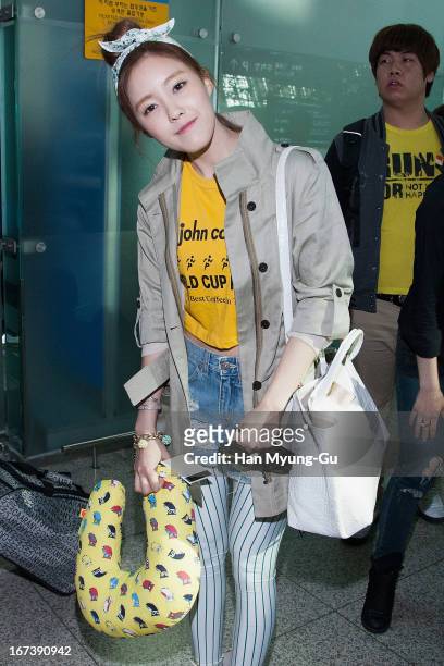 Hyomin of South Korean girl group T-ara is seen on departure at Incheon International Airport on April 24, 2013 in Incheon, South Korea.