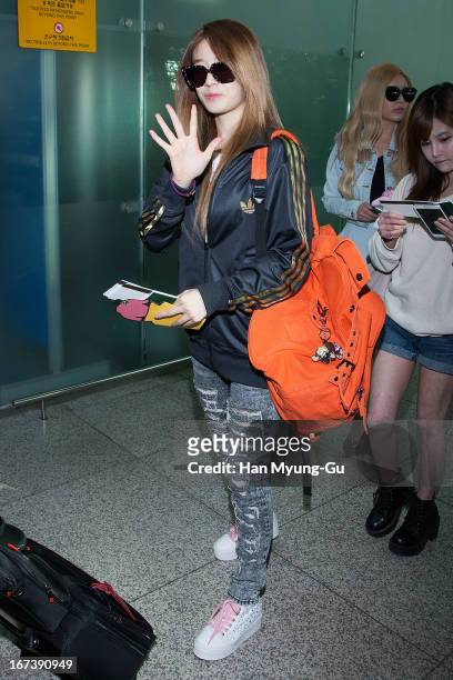 Jiyeon of South Korean girl group T-ara is seen on departure at Incheon International Airport on April 24, 2013 in Incheon, South Korea.