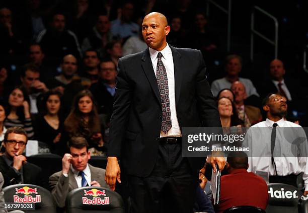 Assistant coach Popeye Jones of the Brooklyn Nets in action against the New Orleans Hornets at Barclays Center on March 12, 2013 in the Brooklyn...