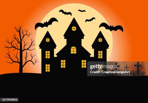 happy halloween concept with flying bats, old cemetery, castle and full moon - castle background stock illustrations