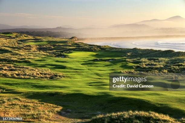 View of the approach to the green of the 555 par 5, fourth hole 'Tra Mor' at St Patrick's Links designed by the American golf course architect Tom...