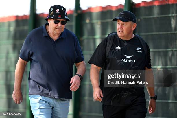 Former All Blacks head coach Sir Steve Hansen walks with head coach Ian Foster of the All Blacks following a New Zealand All Blacks training session...